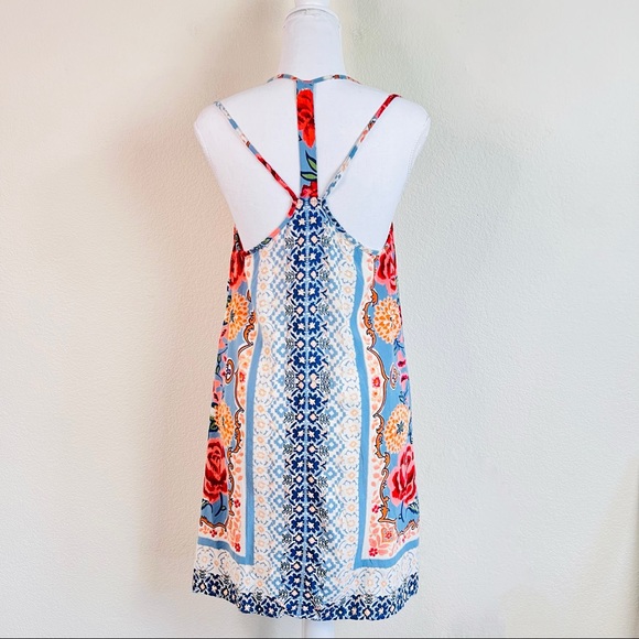 Cream & Bright Floral Mixed Print Linen Strappy Boho Shift Mini Dress - Picture 4 of 9